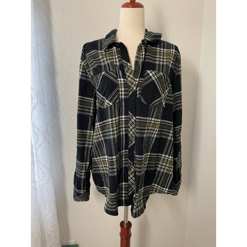 Natural Reflections Women’s Flannel Shirt XL Green Plaid Long Sleeve 100% Cotton